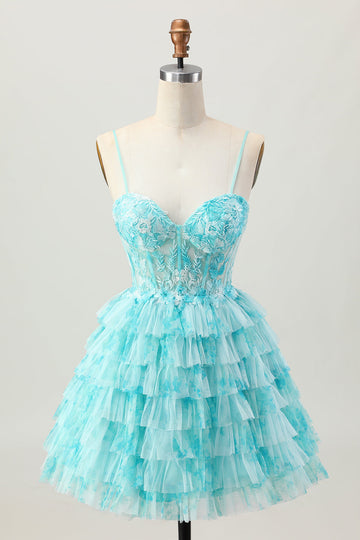 Blue Green A Line Tiered Print Corset Mini Homecoming Dress with Ruffle Skirt